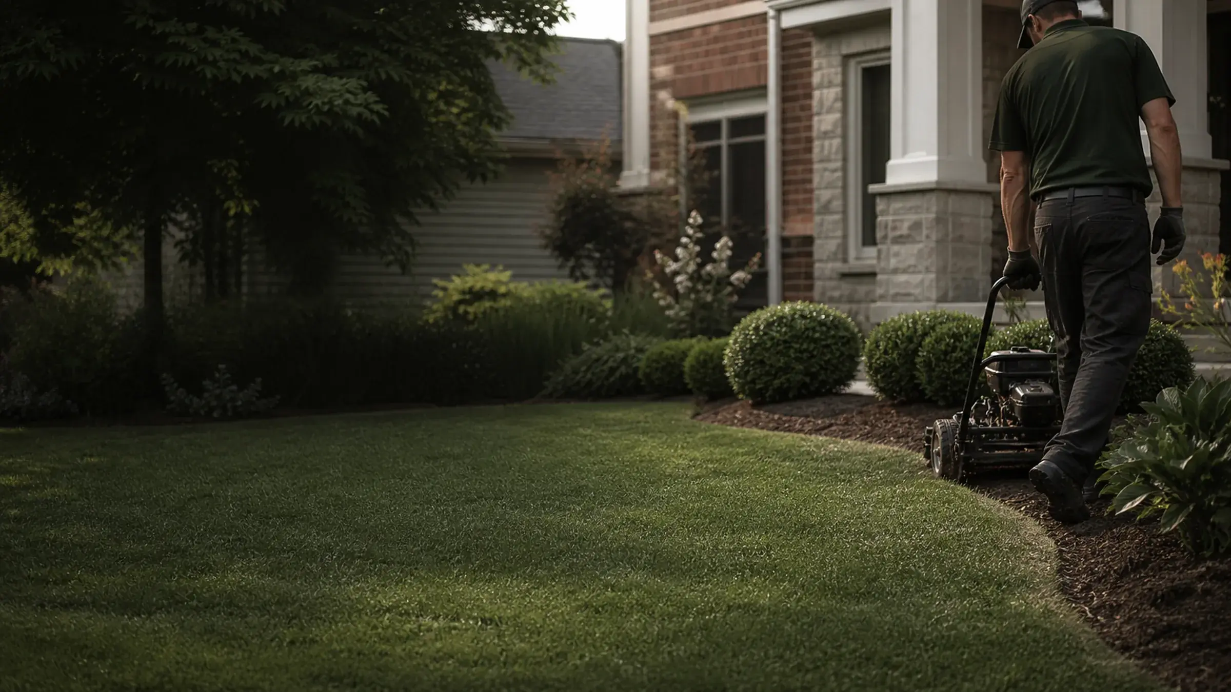 Property-care worker servicing a residential lawn in Mississauga.