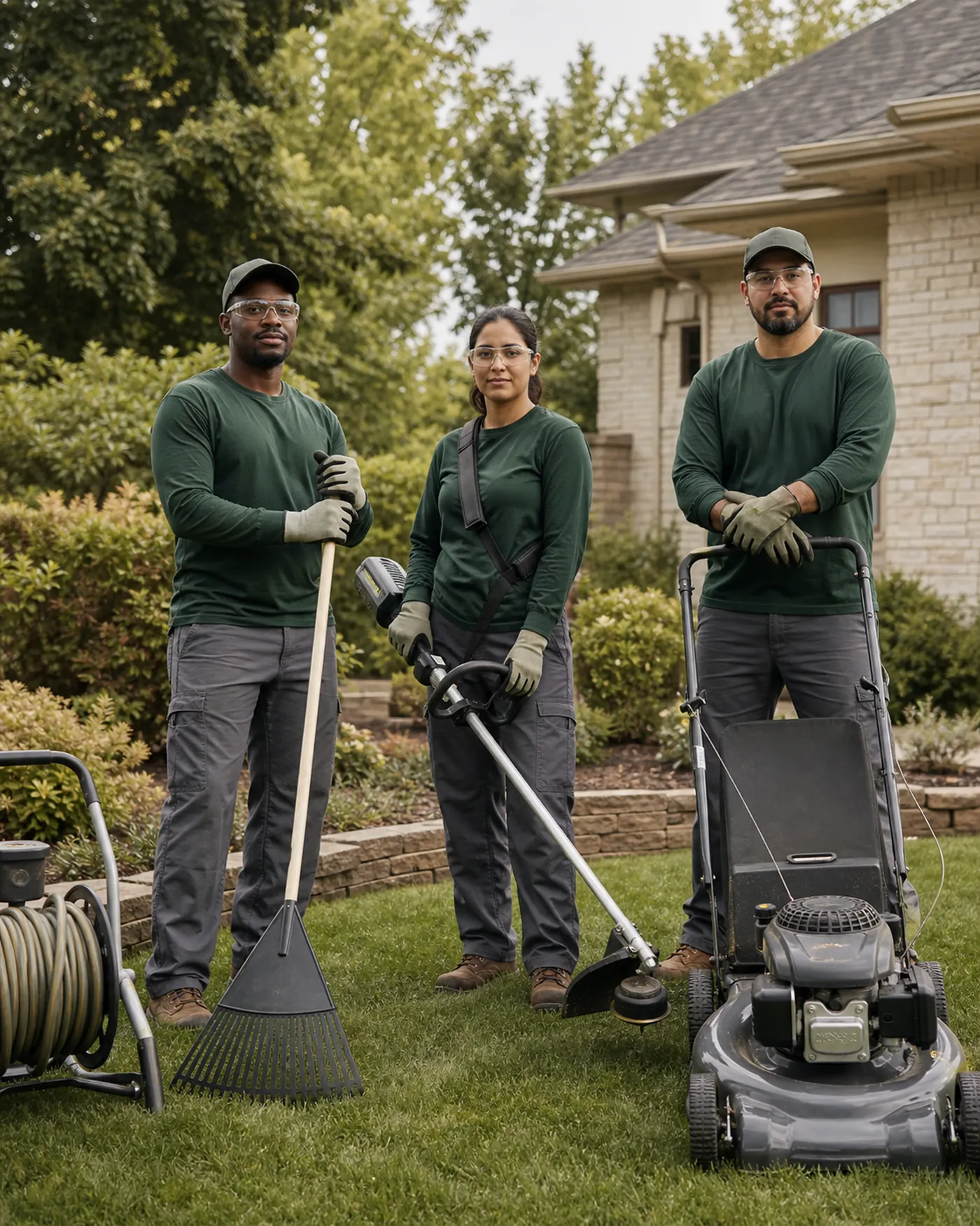 Illustrative Greenline field crew with residential lawn-care equipment.