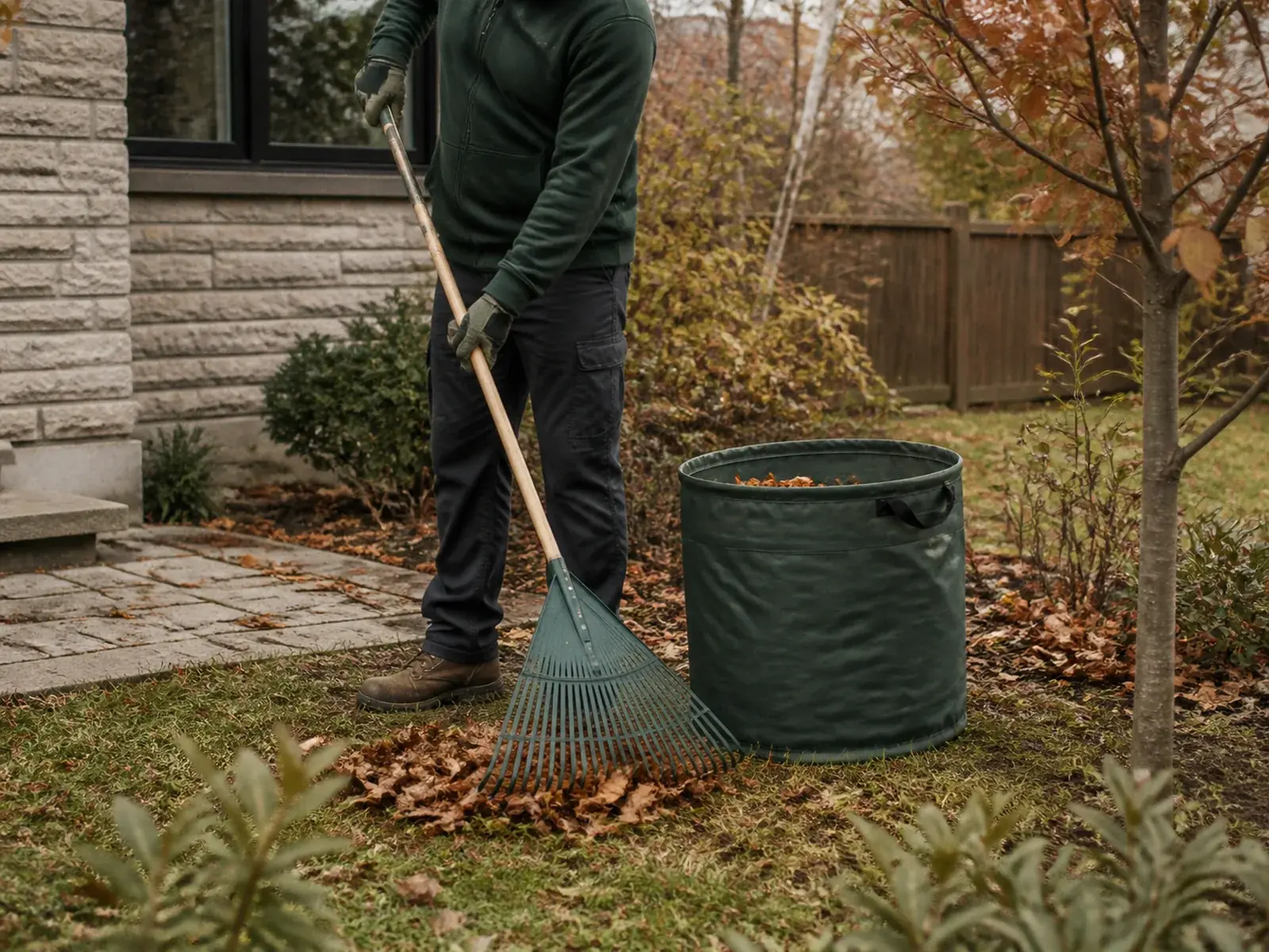 Seasonal leaves being gathered during a residential property cleanup.