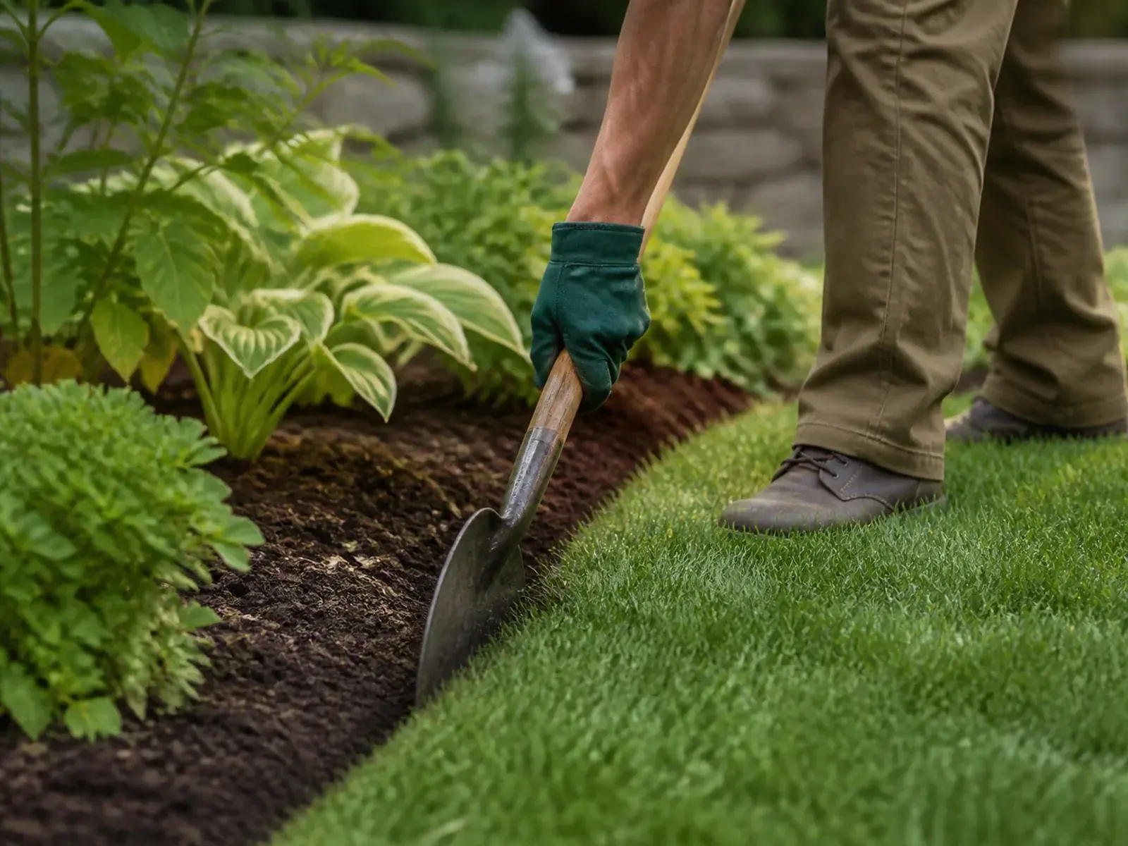 Worker carefully edging a residential lawn beside a garden bed.