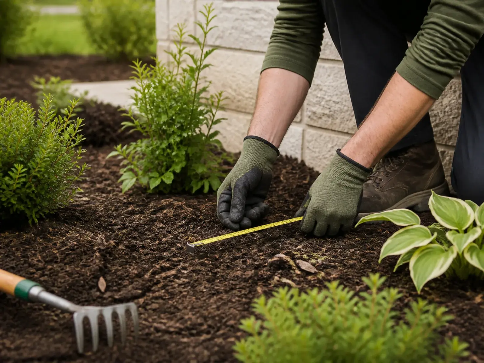 Careful planting and fresh mulch in a measured residential garden bed.