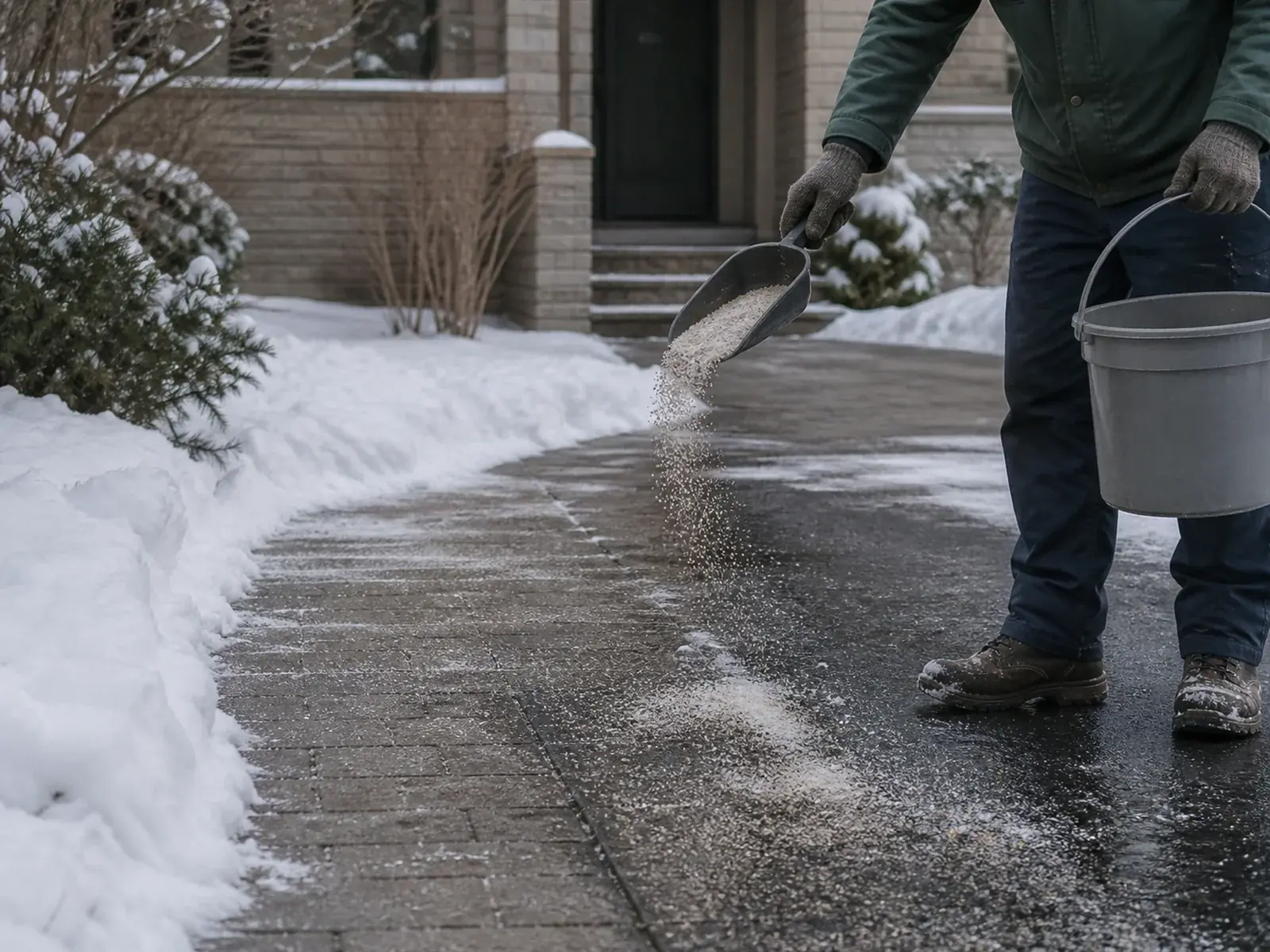 Residential driveway and walkway receiving winter snow service.