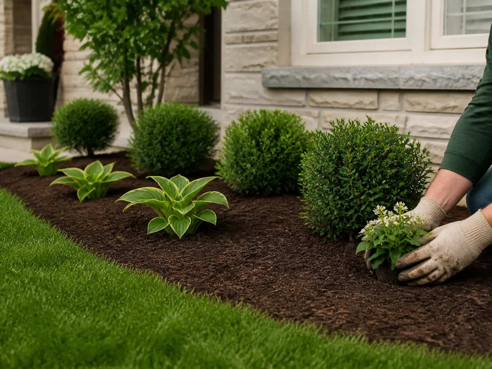 Freshly mulched garden bed in a Mississauga front yard.