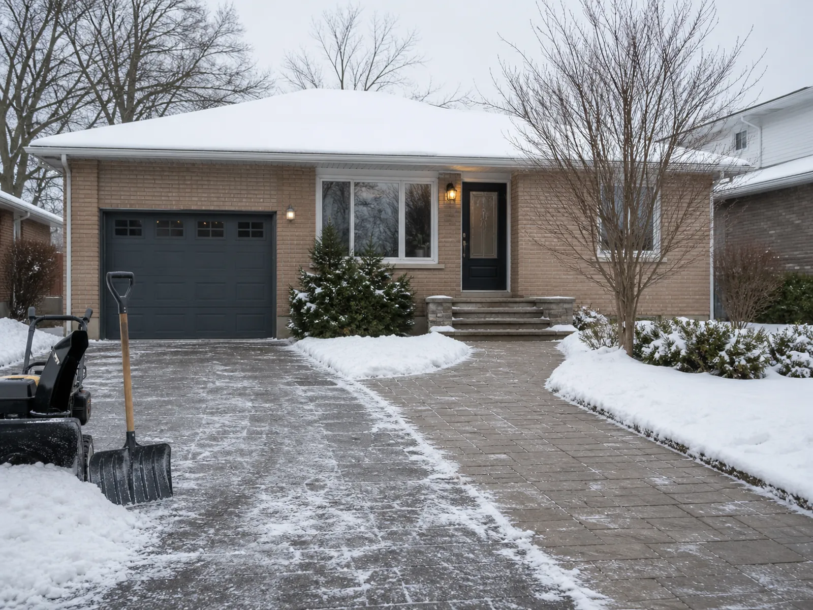Cleared Mississauga driveway and walkway on a winter service route.